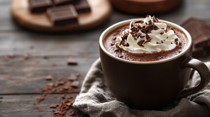 Hot chocolate topped with whipped cream and chocolate shavings