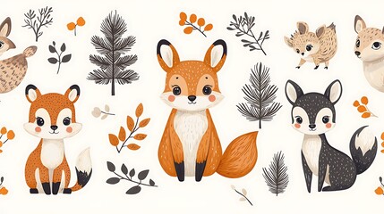 Fototapeta premium Cute woodland animals autumn design, forest foliage background, kids craft