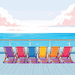 Vsai colorful deck chairs await passengers on cruise ship deck at sunset