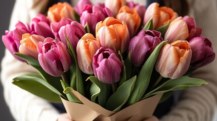 Obraz premium Woman holding a bouquet of pink and orange tulips wrapped in kraft paper.
