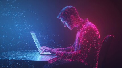 Futuristic digital technology and data science concept featuring computer engineer programming on laptop to manage and control data exchange with ai, machine learning, and advanced business analytics 