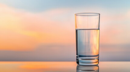World Water Day Concept, Clear Glass of Water Reflected on Smooth Surface Against a Beautiful Sunset Sky Background