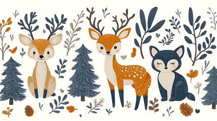 Naklejka premium Cute woodland animals autumn design, forest foliage, seasonal greeting card