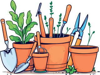 Vsai gardening tools and pots with green plants