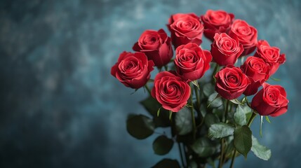 A dozen deep red roses in a bouquet against a dark blue background.