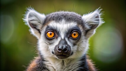 Obraz premium A captivating close-up portrait of a ring-tailed lemur, showcasing its striking amber eyes and distinctive facial features against a softly blurred natural backdrop.