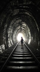 Obraz premium a person walking on a dark grey train tunnel with light at the end