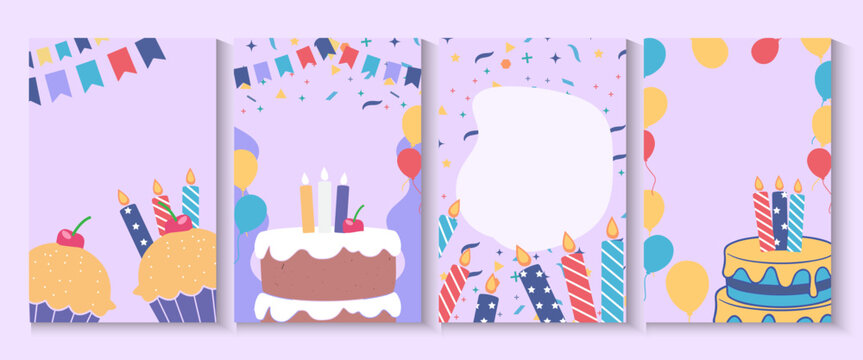 Happy birthday greeting card poster collection set, Birthday greeting template design with cupcake and colorful balloons decoration elements for party invitation card background.