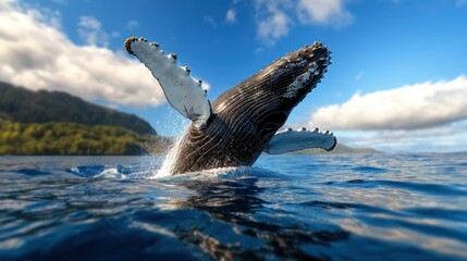 Obraz premium Majestic humpback whale breaching in turquoise ocean, lush tropical islands background. Possible use Nature, travel, conservation, education
