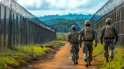 Naklejka premium Soldiers patrol along a misty fence in a dense forest at dawn, emphasizing vigilance in a secure area