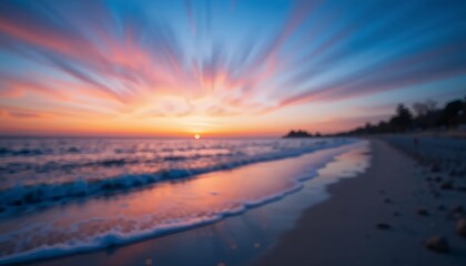 Fototapeta premium Stunning Sunset Beach Ocean Scene Peaceful Waves Wallpaper