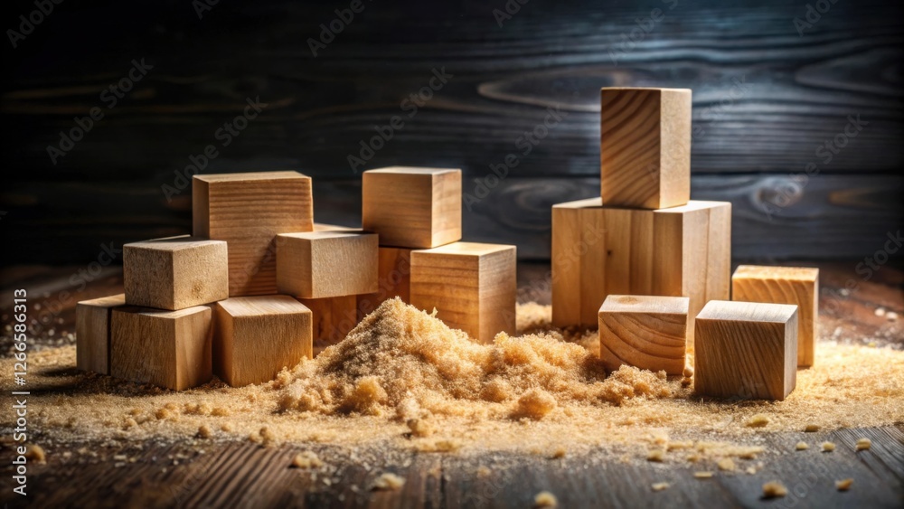 Poster wooden blocks arranged amidst wood shavings and a mound of granular material. a study in texture and