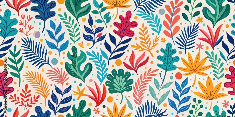 Aufkleber Vibrant Floral Pattern Featuring an Array of Colorful Leaves and Botanical Elements Designed for Textile, Fabric, and Surface Decoration