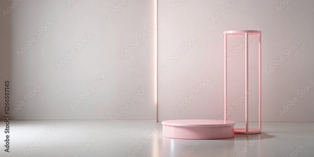 Aufkleber minimalist pink display platforms against a neutral wall background for product showcasing and prese