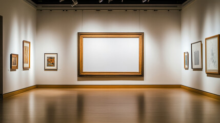Large empty picture frame in art gallery with paintings