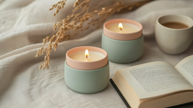 Pastel-colored candles add warmth and charm to a cozy reading nook surrounded by soft blankets and an open book