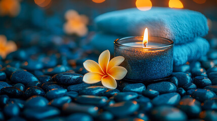 Candle with essential oils placed near smooth stones and soft towel creates a calming atmosphere in a serene setting