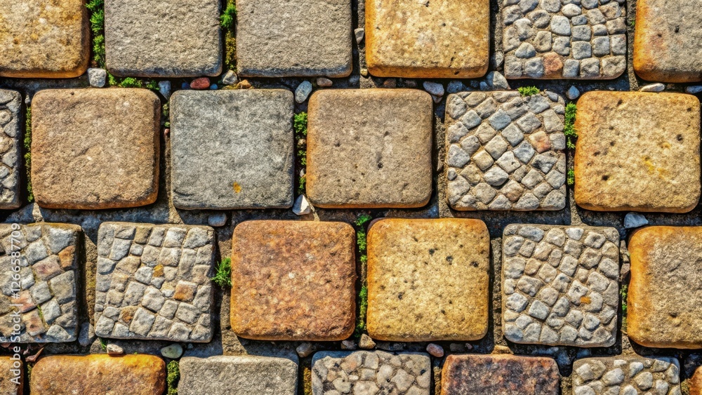 Leinwandbilder sunlit stone pavement texture a detailed view of varied, interlocking square and mosaic stone blocks