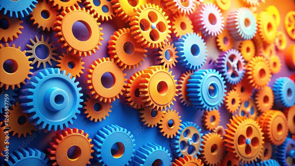 Aufkleber Interlocking gears in vibrant blue and orange hues, symbolizing complex systems and collaborative processes.