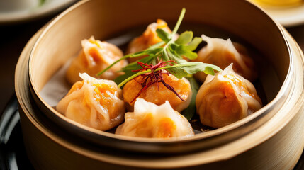 Lobster dumplings served in bamboo steamer with herbs