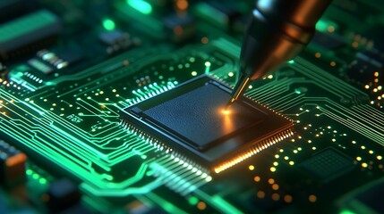 Obraz premium Closeup of electronic circuit board with soldering iron and microchips