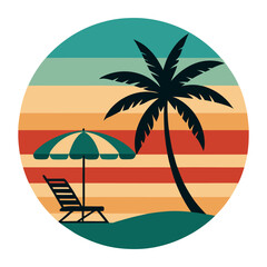Vintage Tropical Beach Scene with Palm Tree, Sun Umbrella