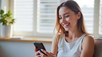 Fototapeta premium Happy young woman using smartphone at Home, smile and hold phone on her hand with internet technology use of shopping, search, chat, message at inddor living room with beautiful natural light