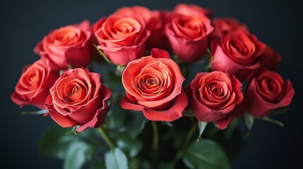 Naklejka premium Close-up of a bouquet of ten vibrant red roses against a dark background.