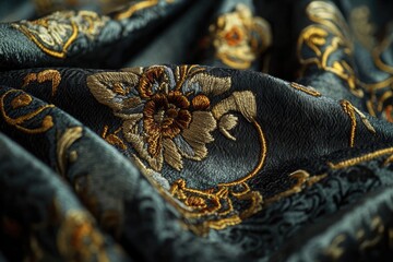 Luxurious fabric showcases intricate floral embroidery in rich c