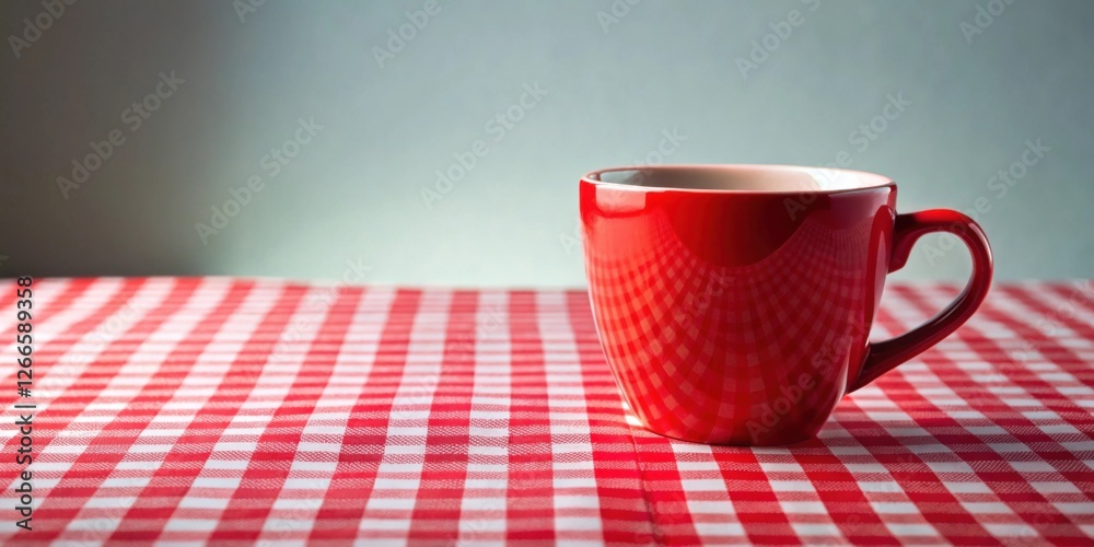 Poster a single vibrant red mug rests on a crisp red and white checkered tablecloth, a simple yet striking 