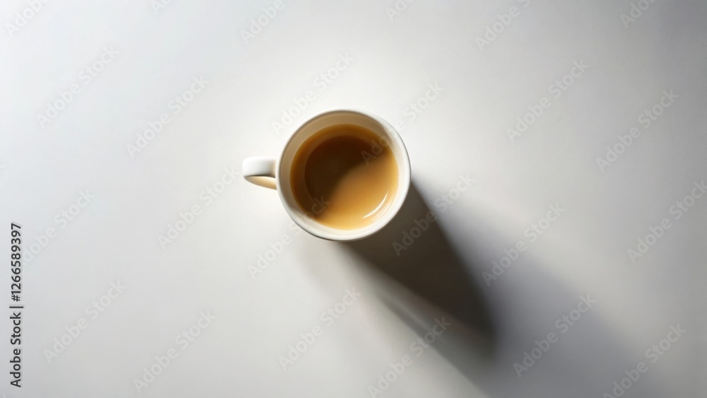 Poster aromatic coffee in a simple white mug casts a gentle shadow on a plain white surface