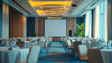 Elegant Business Event Hall with Round Tables and a White Screen Mockup Ready for a Conference or Presentation  