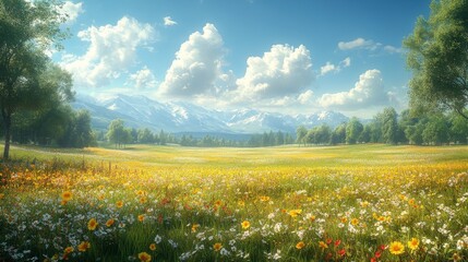 Obraz premium Sunny meadow with wildflowers, trees, and mountains in the background.