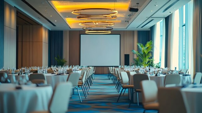 Elegant Business Event Hall with Round Tables and a White Screen Mockup Ready for a Conference or Presentation  
