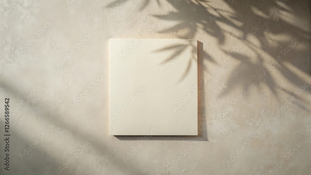 Aufkleber cream-colored card mockup against a textured backdrop with dappled sunlight and delicate leaf shadow
