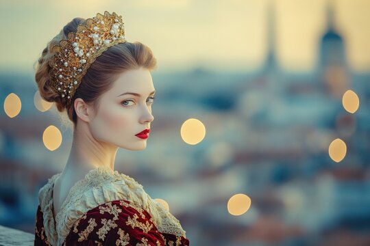 Elegant figure in sumptuous Renaissance attire gazes thoughtfull