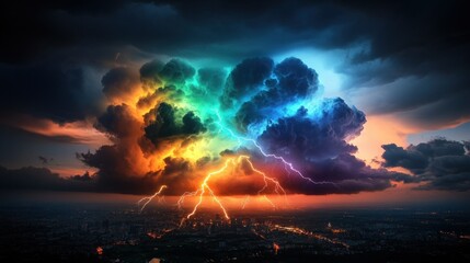 Obraz premium Colorful Lightning Storm Over City Skyline at Sunset
