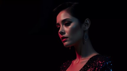 Vogue style close-up portrait of beautiful woman on black background