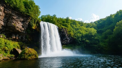 Fototapeta premium World Water Day Concept, Serene Waterfall Cascading into a Picturesque Lake Surrounded by Lush Green Forest and Clear Blue Sky