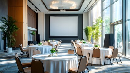 Elegant Event Hall with Round Tables and a Large White Screen Mockup Ready for a Business Meeting  