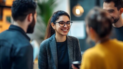 Smiling Indian Businesswoman Engaging in a Friendly Conversation at a Diverse Business Event  