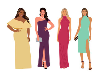 Obraz premium Set of different beautiful girls wearing evening dress, formal gown for celebration, wedding, party. Pretty female character vector realistic illustration isolated on white background.