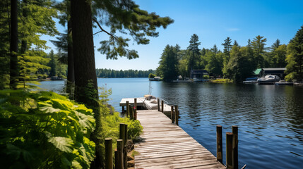 Naklejka premium Serene wooden dock on the edge of a tranquil lake, surrounded by pine trees and blue skies, capturing the beauty of nature, perfect for outdoor activities and relaxation. 