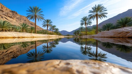 Obraz premium World Water Day Concept, Serene Desert Oasis Surrounded by Lush Palm Trees Reflecting in Calm Water under a Bright Blue Sky