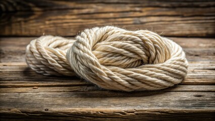 Fototapeta premium Cream-colored yarn arranged in a figure-eight shape rests on a rustic wooden surface, showcasing its texture and natural fiber composition.