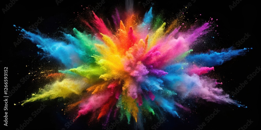 Leinwandbilder A vibrant explosion of multicolored powder against a stark black background, showcasing a dynamic burst of color and texture with a captivating visual effect.