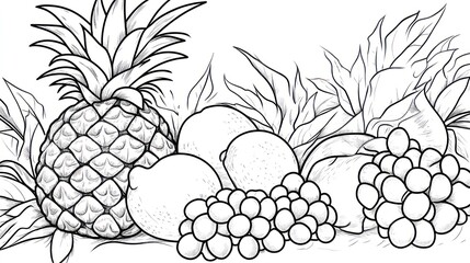 Tropical fruit border; pineapple, lemons, grapes; foliage background; coloring book illustration