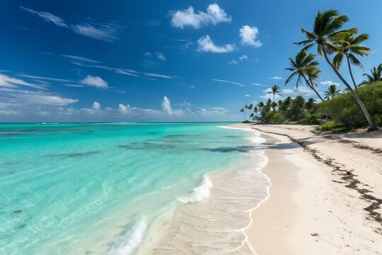 tropical beach with coconut palm trees tranquil lake reflection with misty mountains. Inspirational tropical beach, palm trees and white sand, circular pattern on water surface