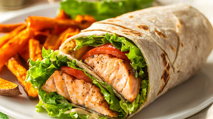 Delicious Wild Alaskan Salmon Wrap with Fresh Vegetables and Sweet Potato Fries