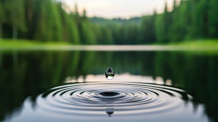 World Water Day Concept, Single Water Drop Creatively Hitting Surface of Still Water, Capturing Pure Nature's Serenity and Reflection